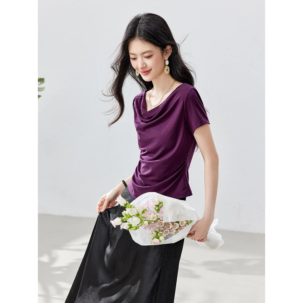 Draped Cowl-Neck Short-Sleeve Top