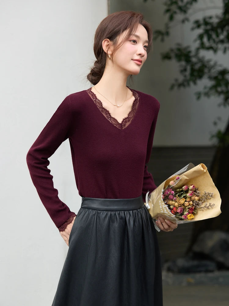 Lace-Trim V-Neck Knit Top