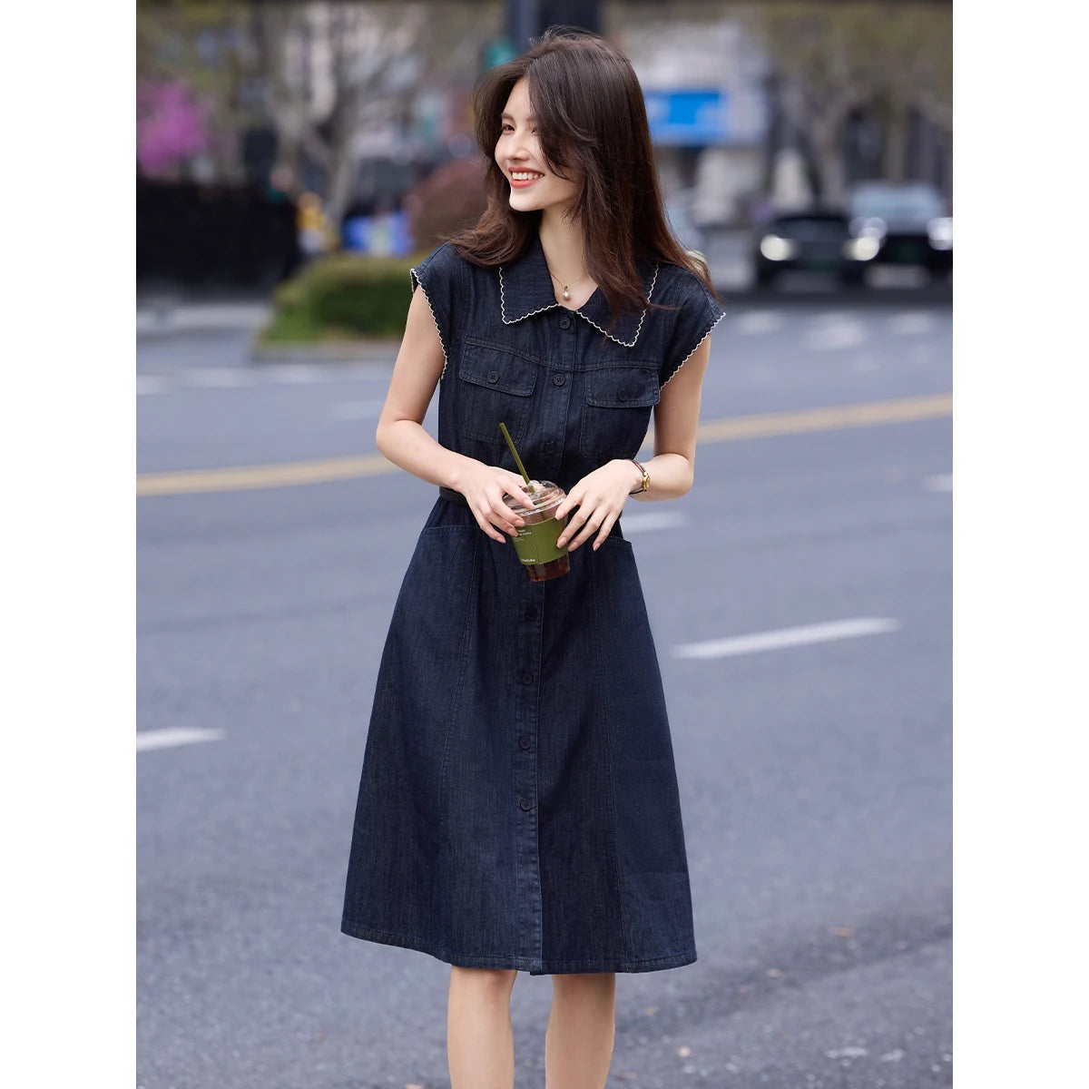 Sleeveless Belted Denim Shirt Dress