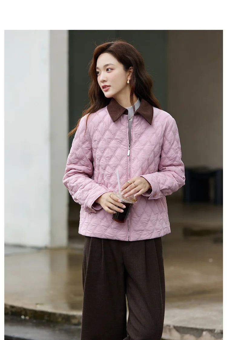Contrast-Collar Quilted Zip Jacket