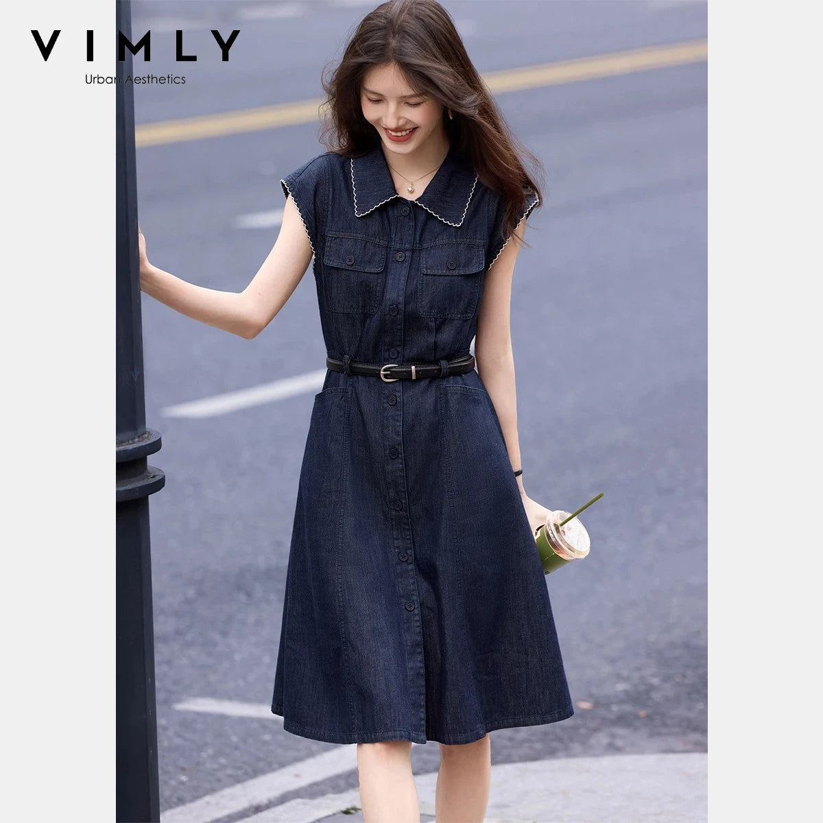 Sleeveless Belted Denim Shirt Dress