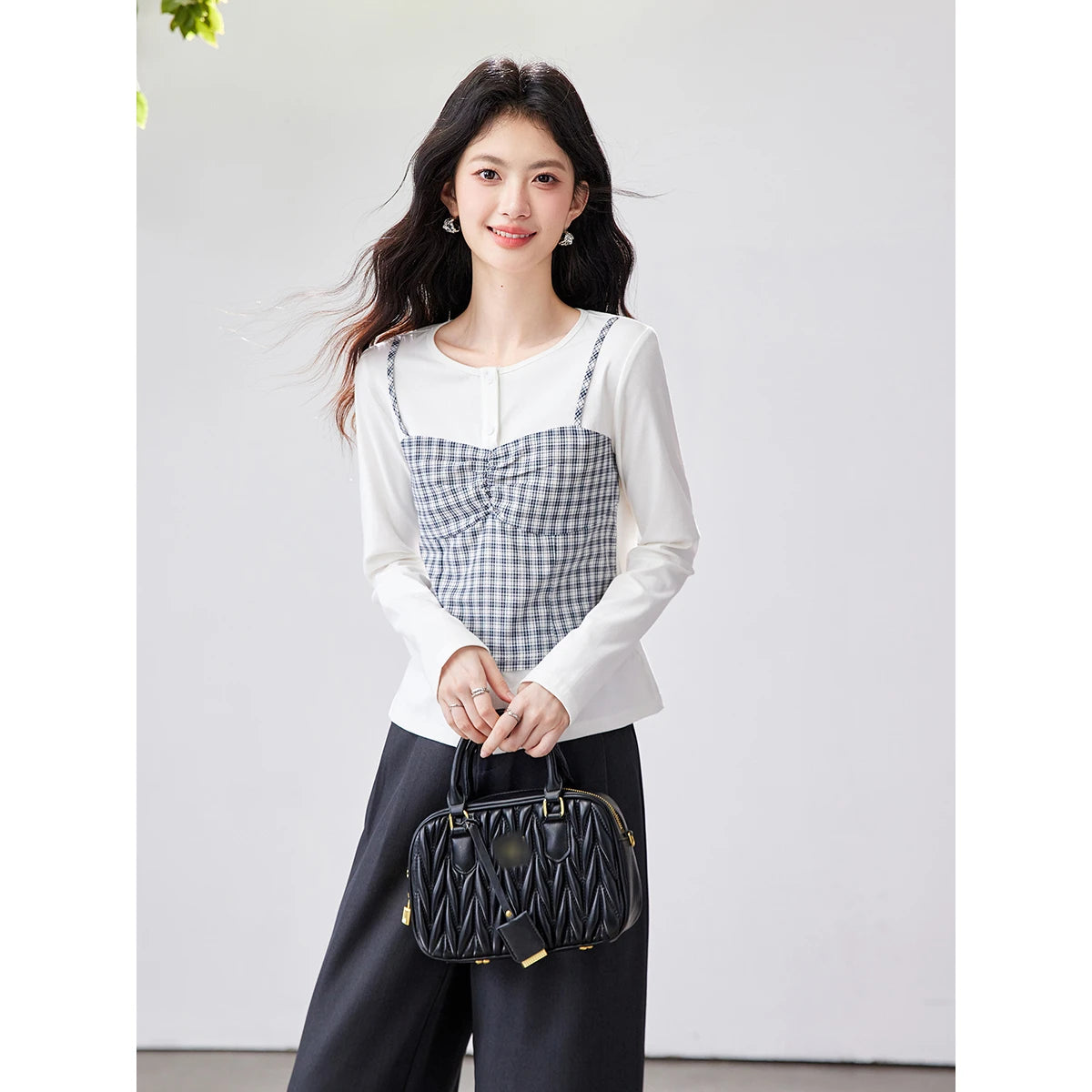 Layered Plaid Bustier Long-Sleeve Top