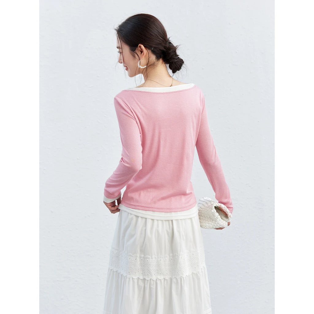 Layered Contrast-Neck Long-Sleeve Tee