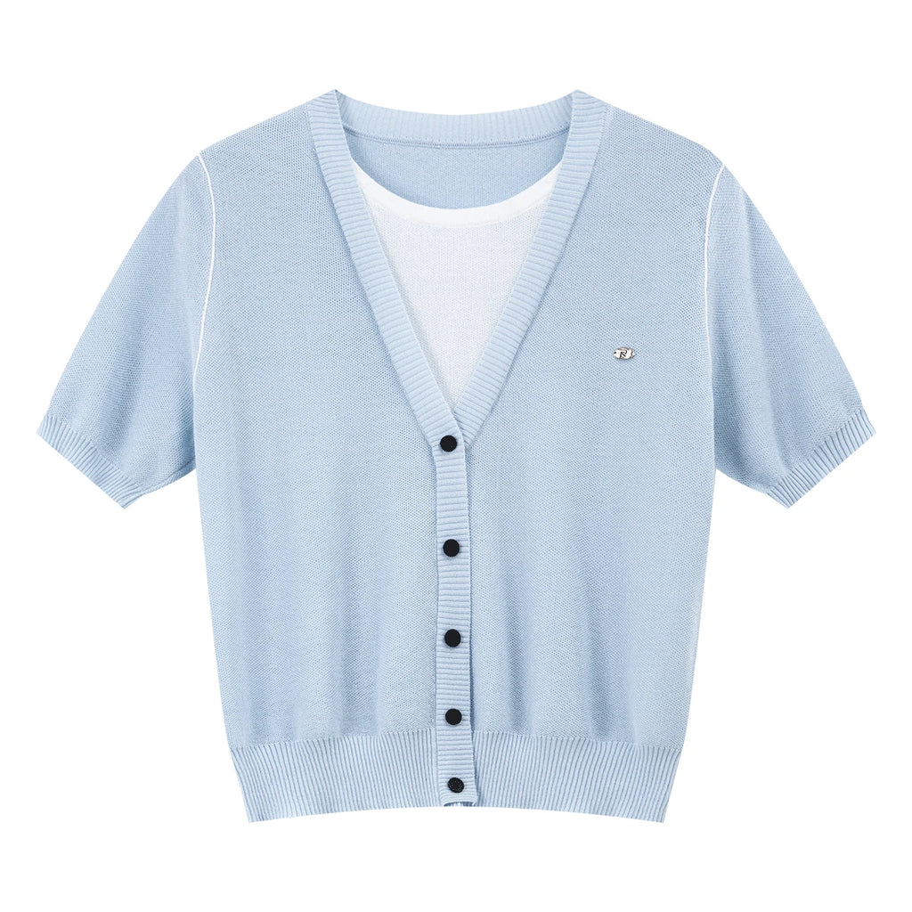 Layered V-Neck Button-Front Knit Top