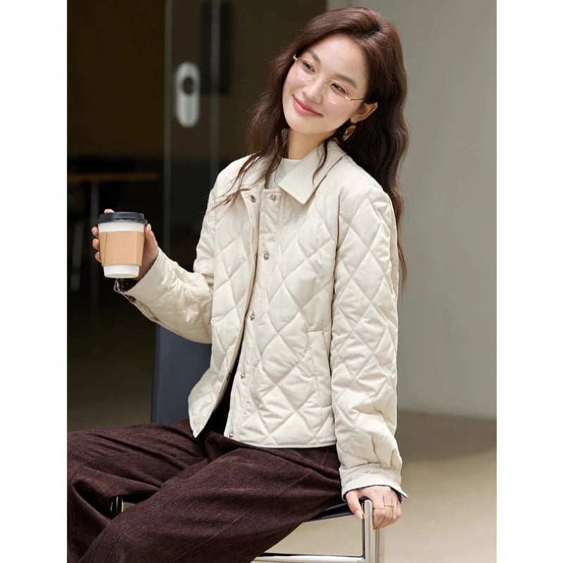 Contrast-Collar Quilted Cropped Jacket