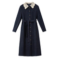 Lace-Collar Belted Midi Dress
