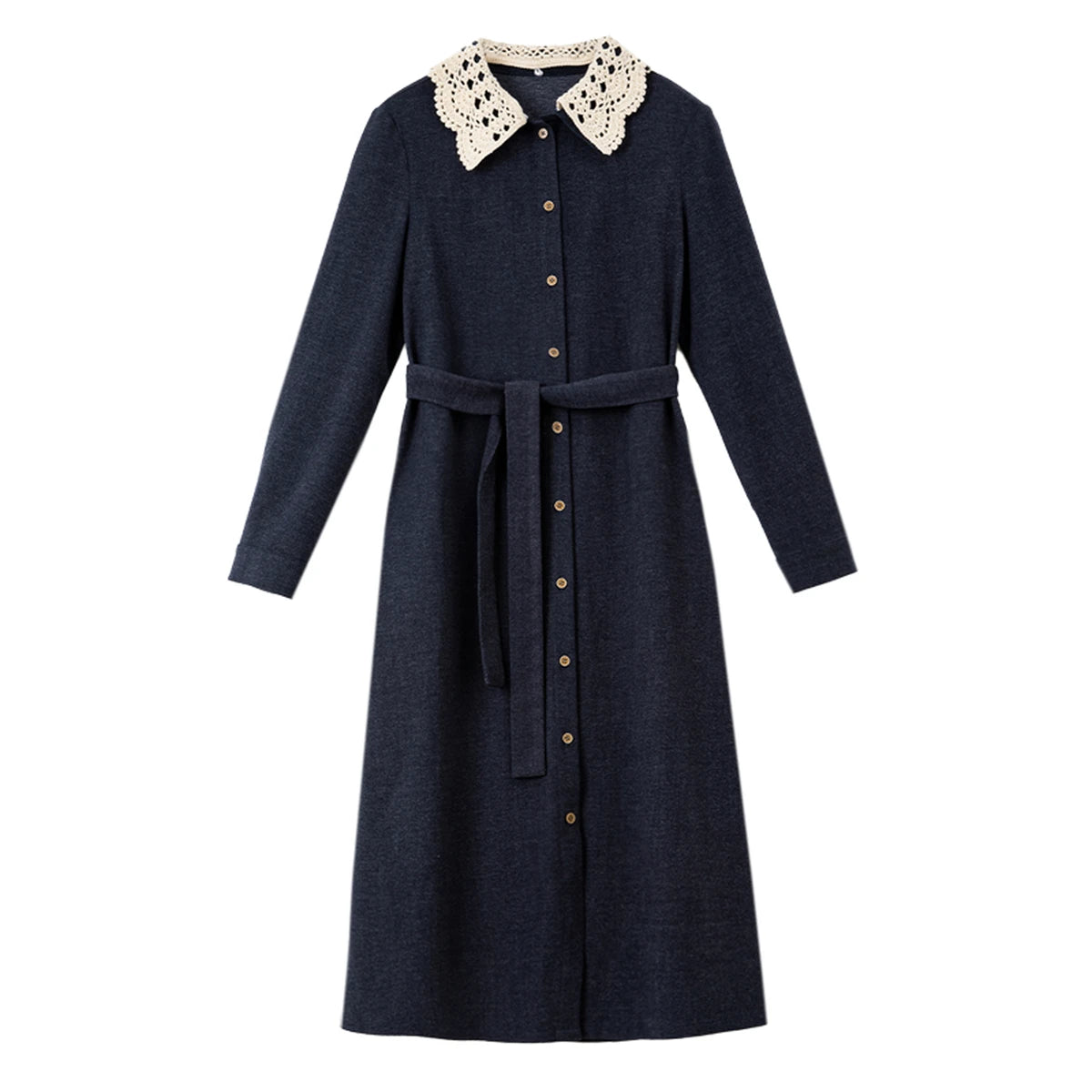 Lace-Collar Belted Midi Dress