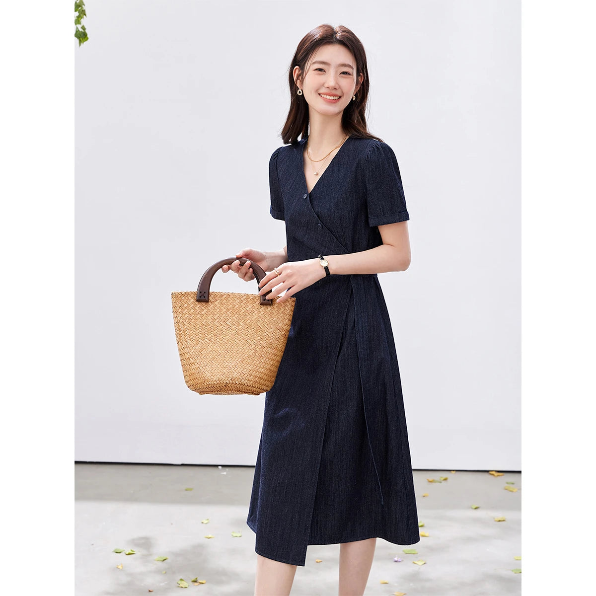 Tie-Waist V-Neck Denim Midi Dress
