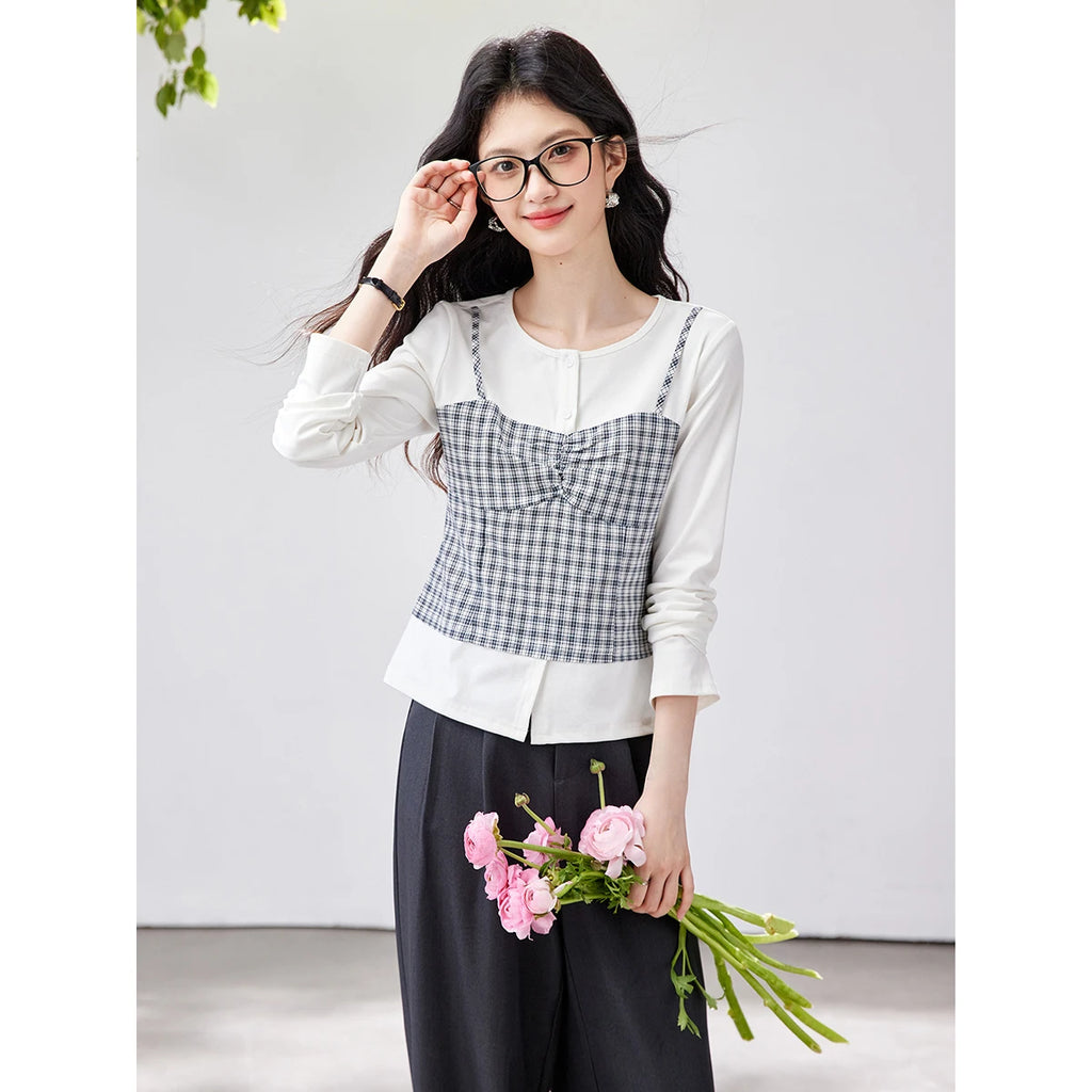 Layered Plaid Bustier Long-Sleeve Top