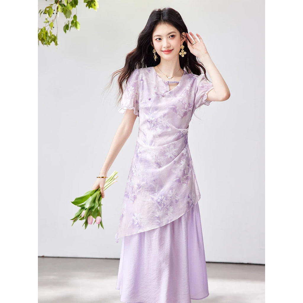 Asymmetric Floral Layered Midi Dress