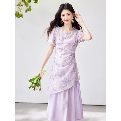 Asymmetric Floral Layered Midi Dress