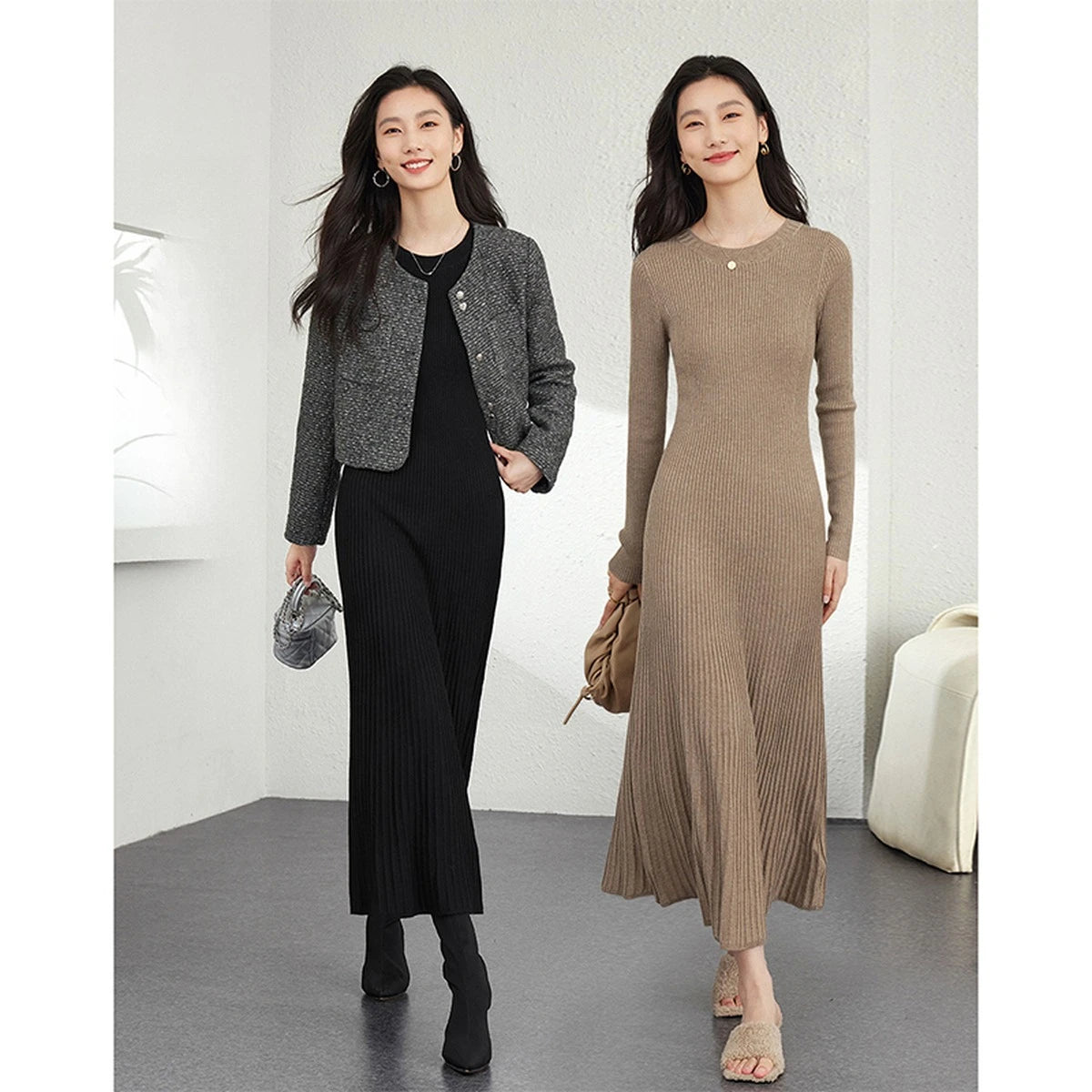Ribbed Crew-Neck Knit Midi Dress