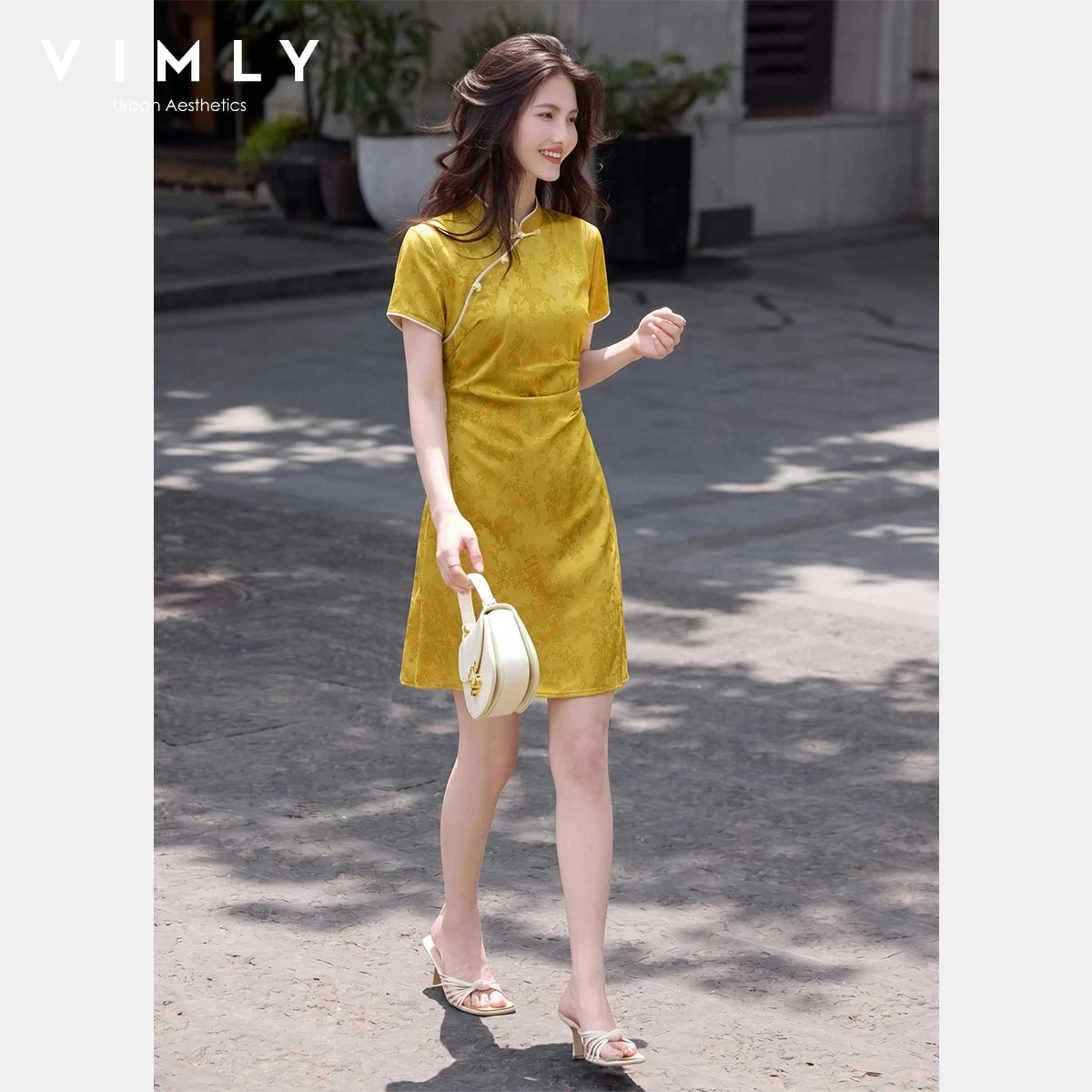 Jacquard Mandarin-Collar Mini Dress