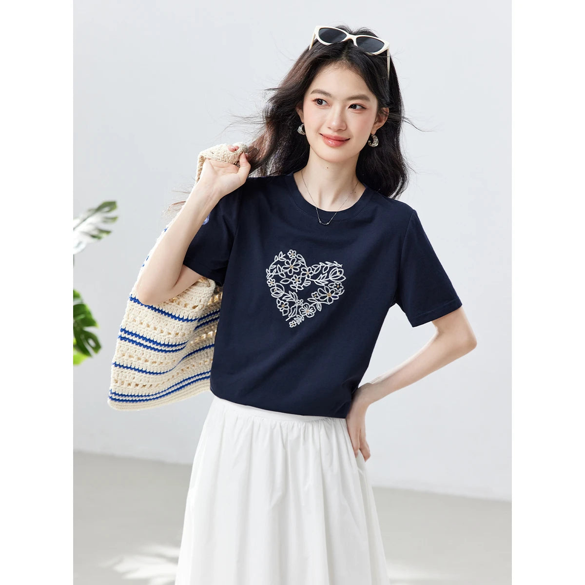 Floral Heart-Embroidered Crew-Neck Tee