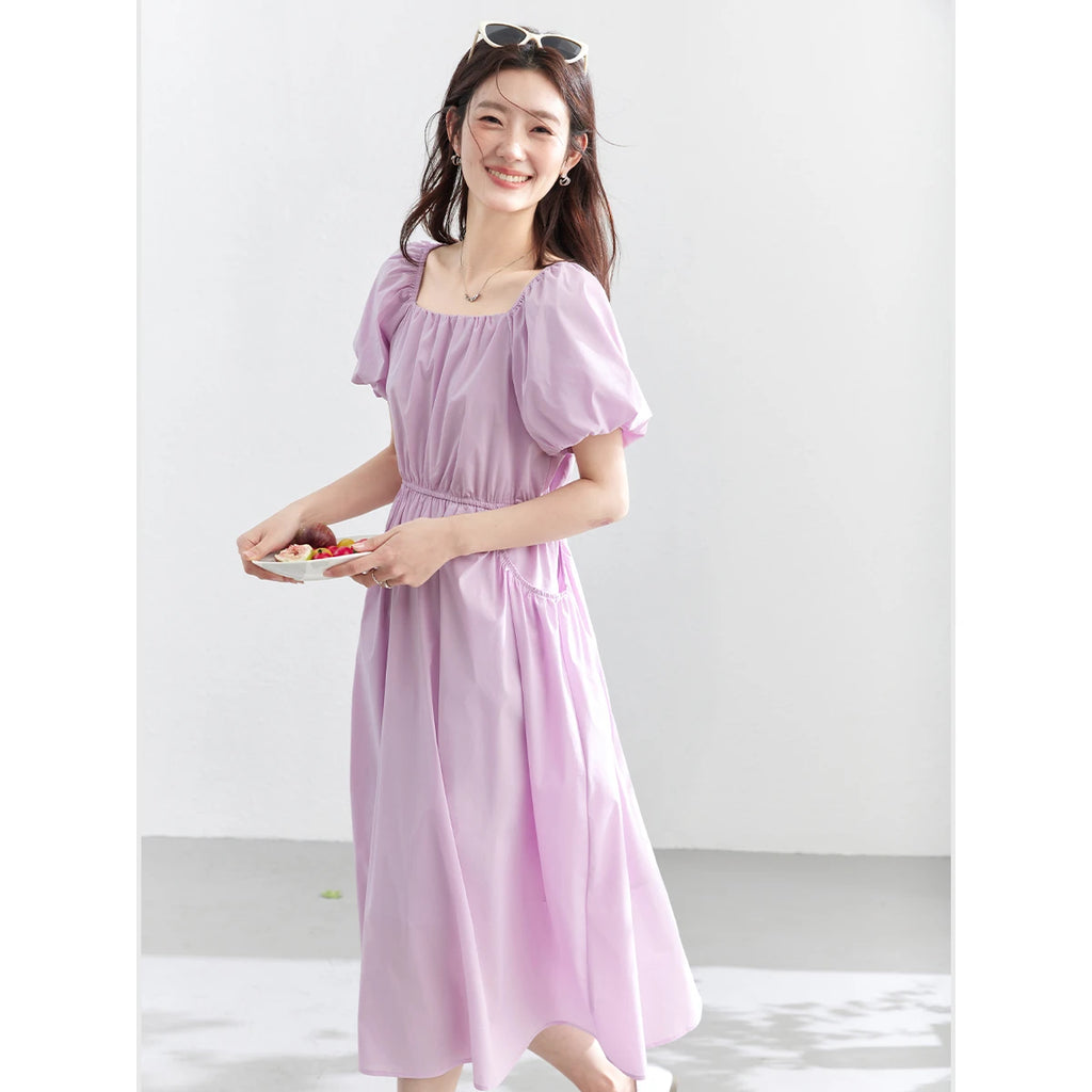 Square-Neck Puff-Sleeve Midi Dress
