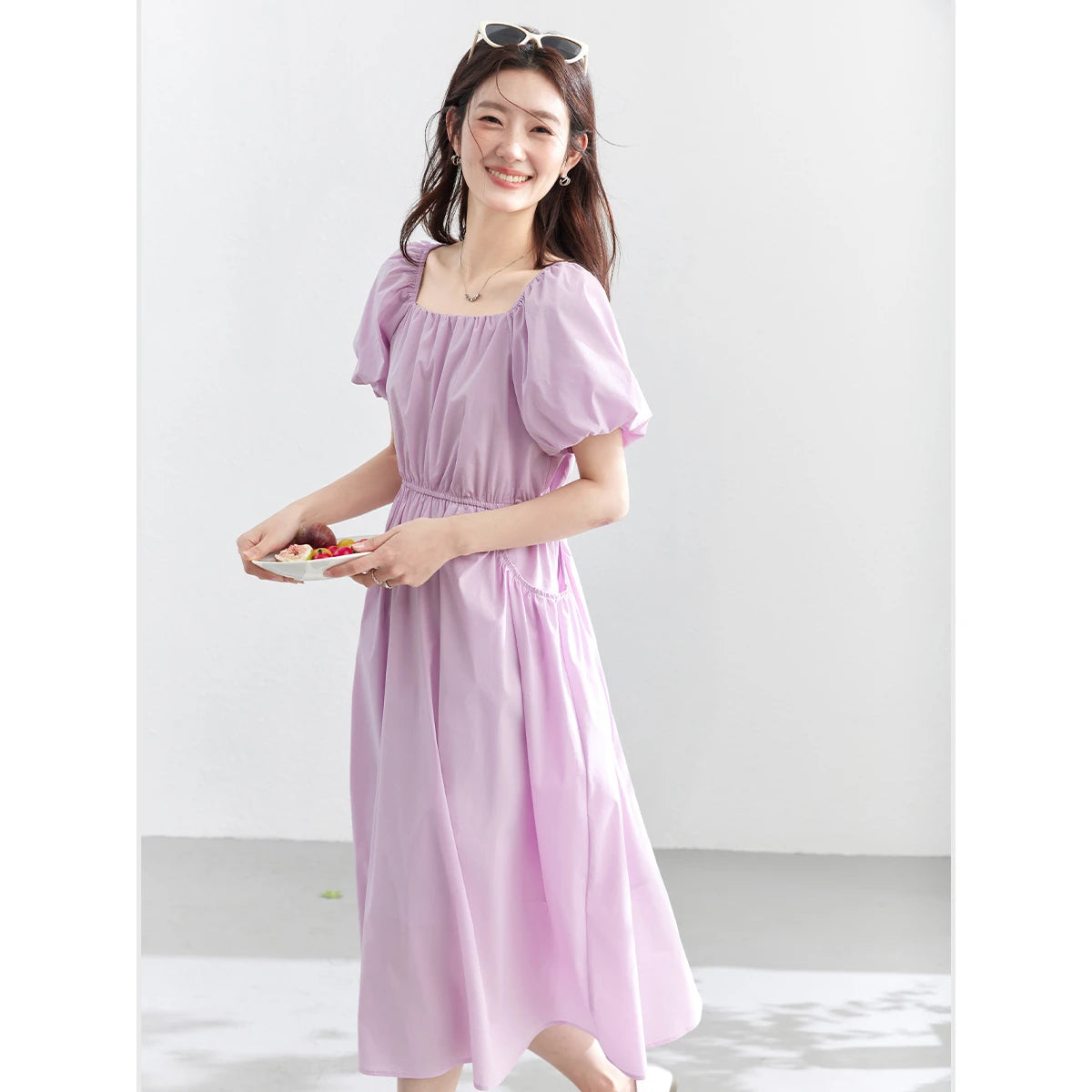 Square-Neck Puff-Sleeve Midi Dress