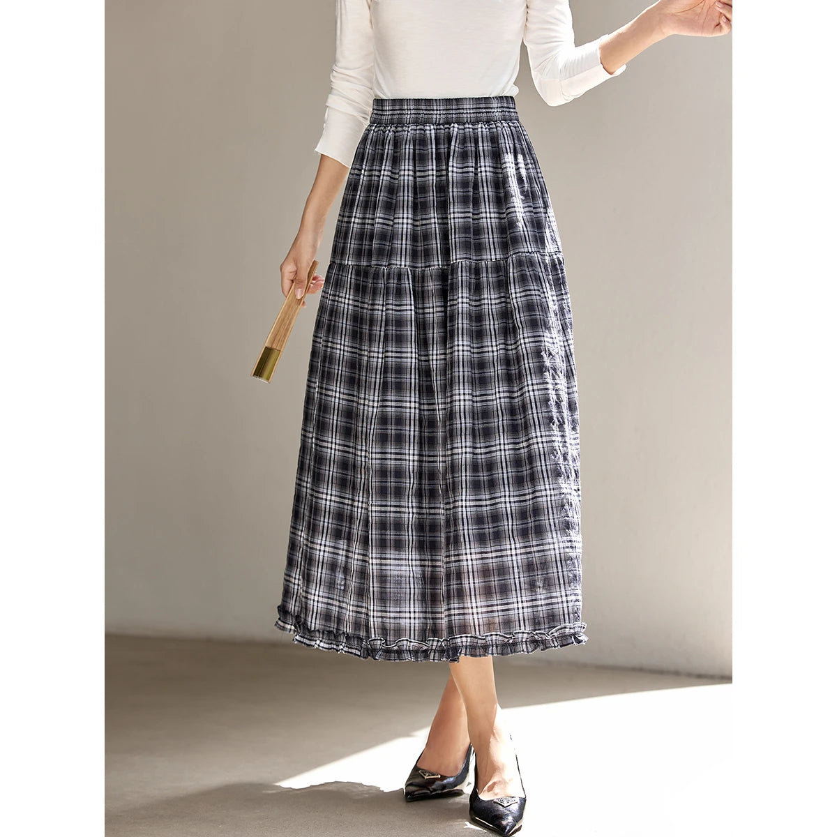 Plaid Ruffle-Hem Midi Skirt