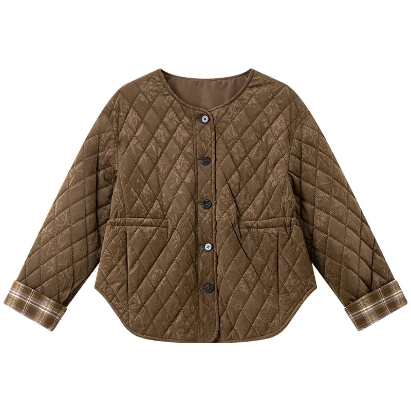 Plaid-Cuff Quilted Collarless Jacket