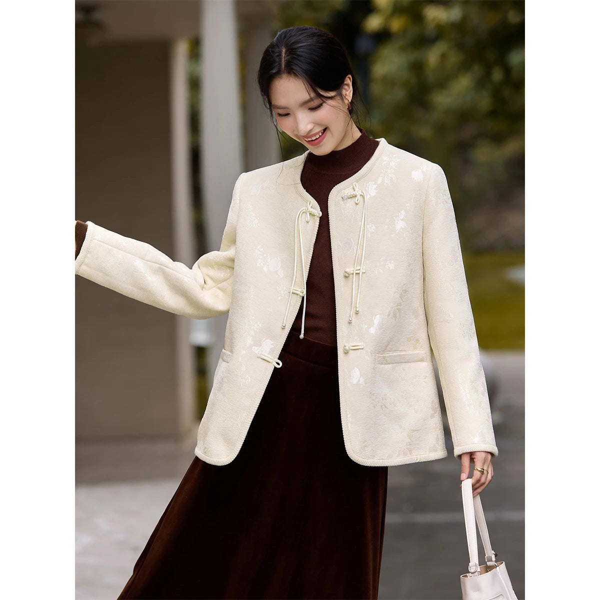 Jacquard Frog-Button Collarless Jacket