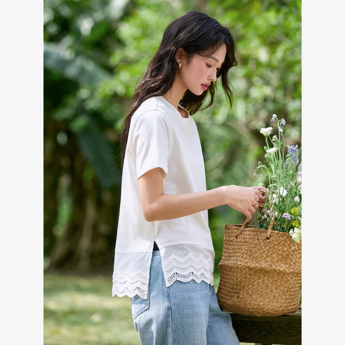 Lace-Hem Crew-Neck Tee