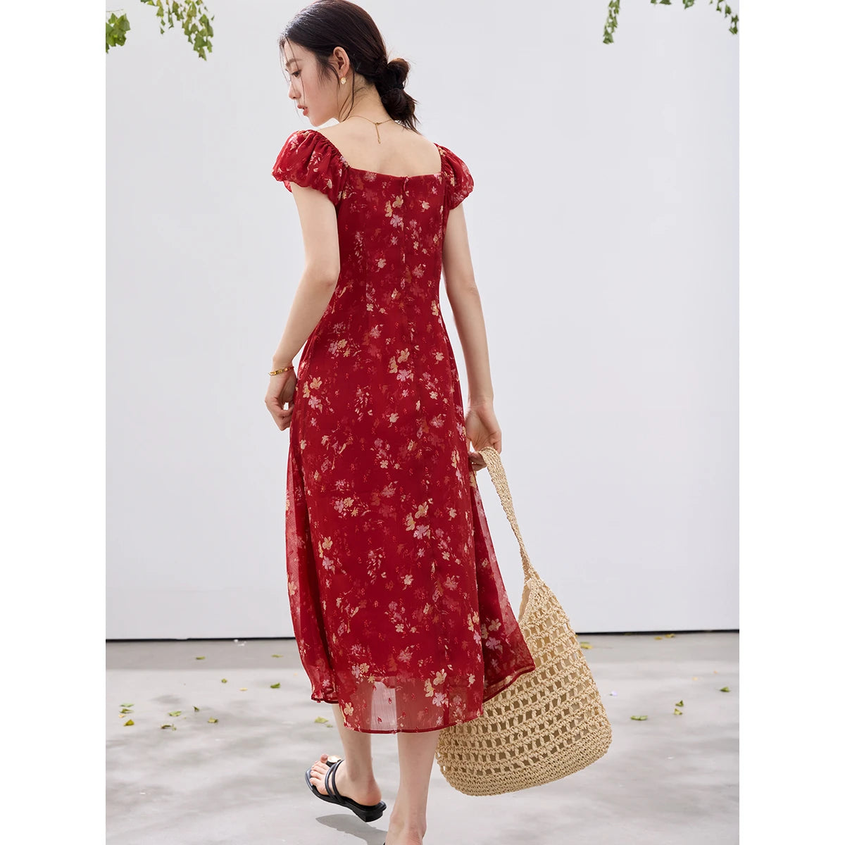 Floral Square-Neck Ruffle Midi Dress