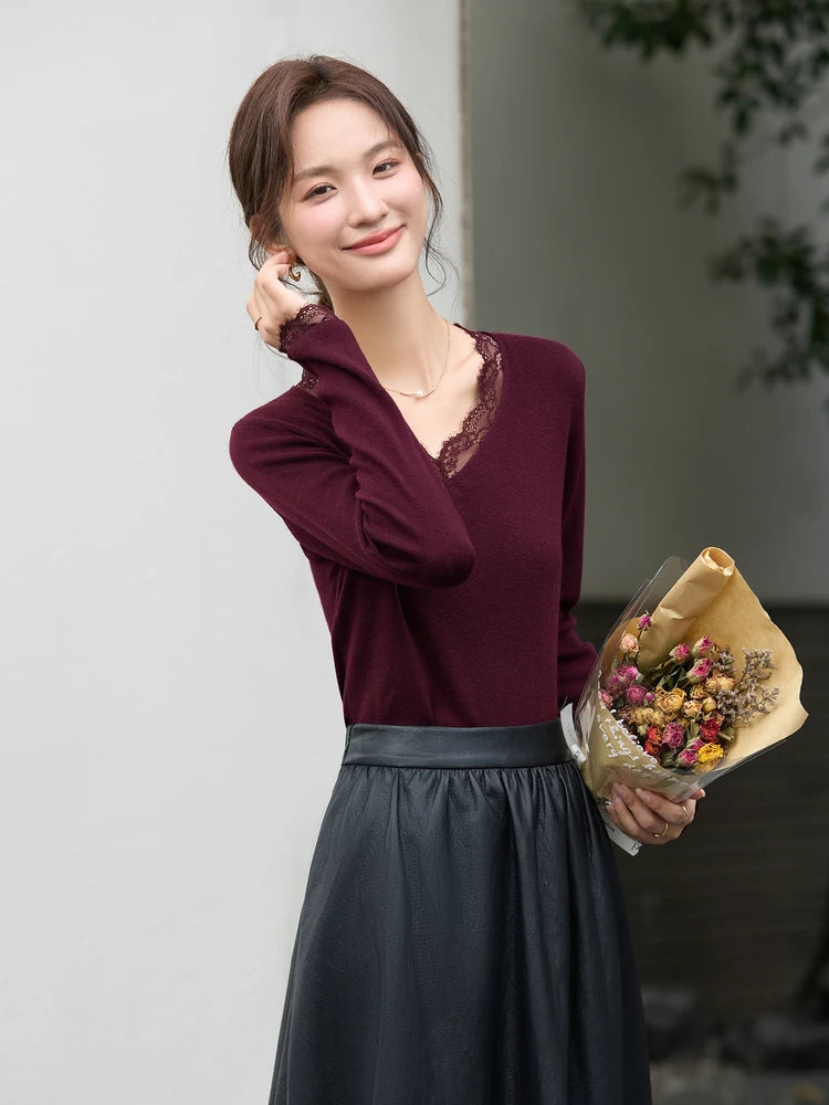 Lace-Trim V-Neck Knit Top