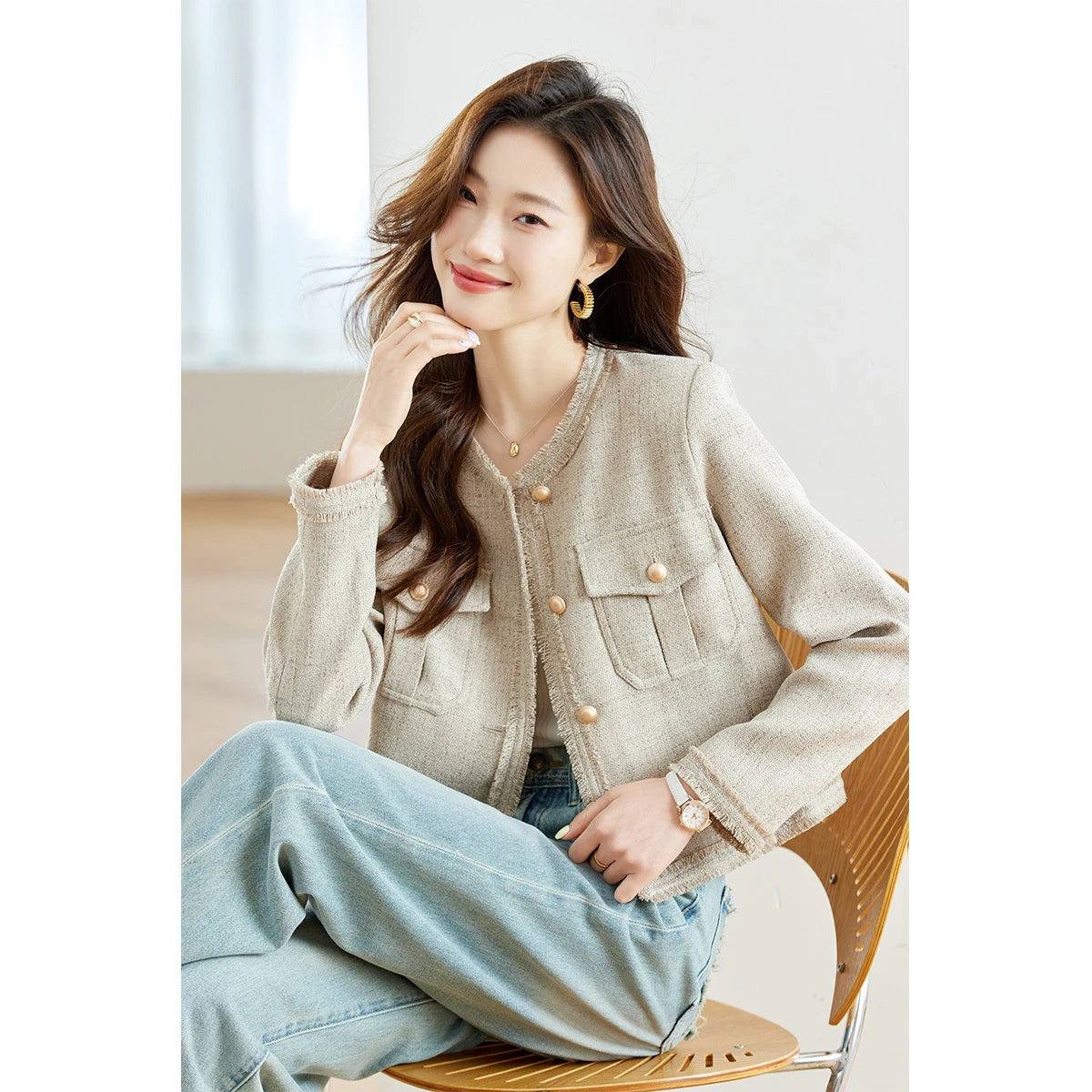 Frayed-Trim Cropped Jacket