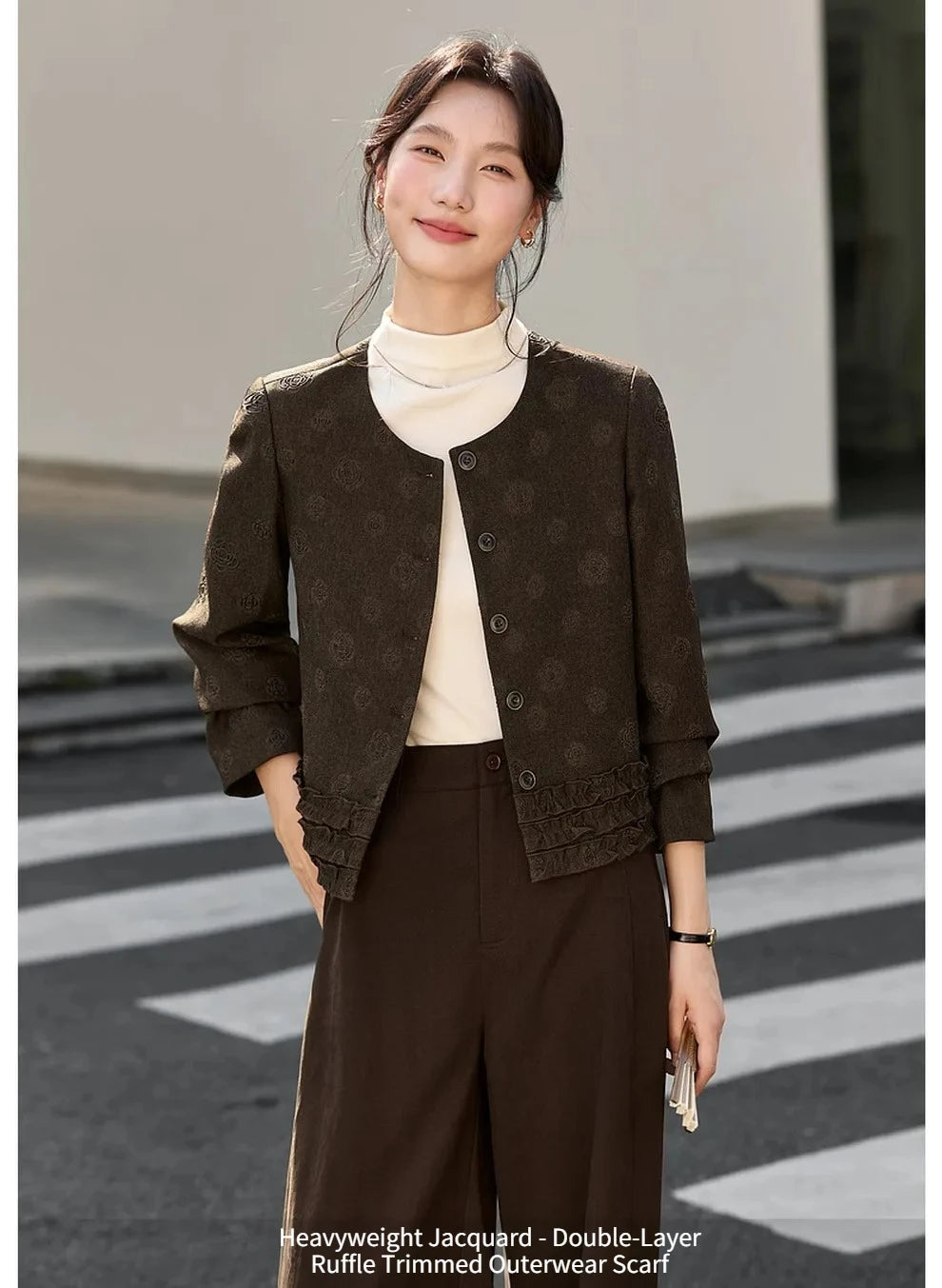 Jacquard Ruffle-Hem Cropped Jacket