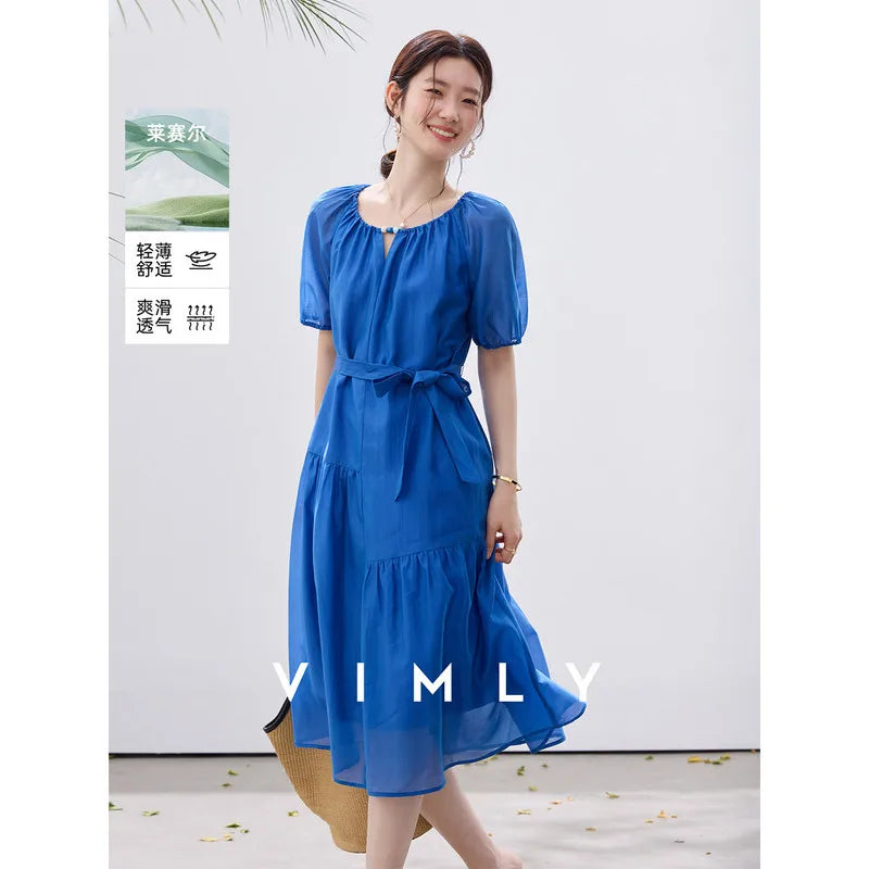 Belted Puff-Sleeve Midi Dress