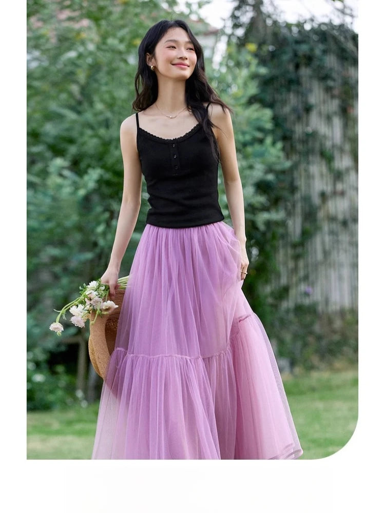 Tiered Mesh Midi Skirt