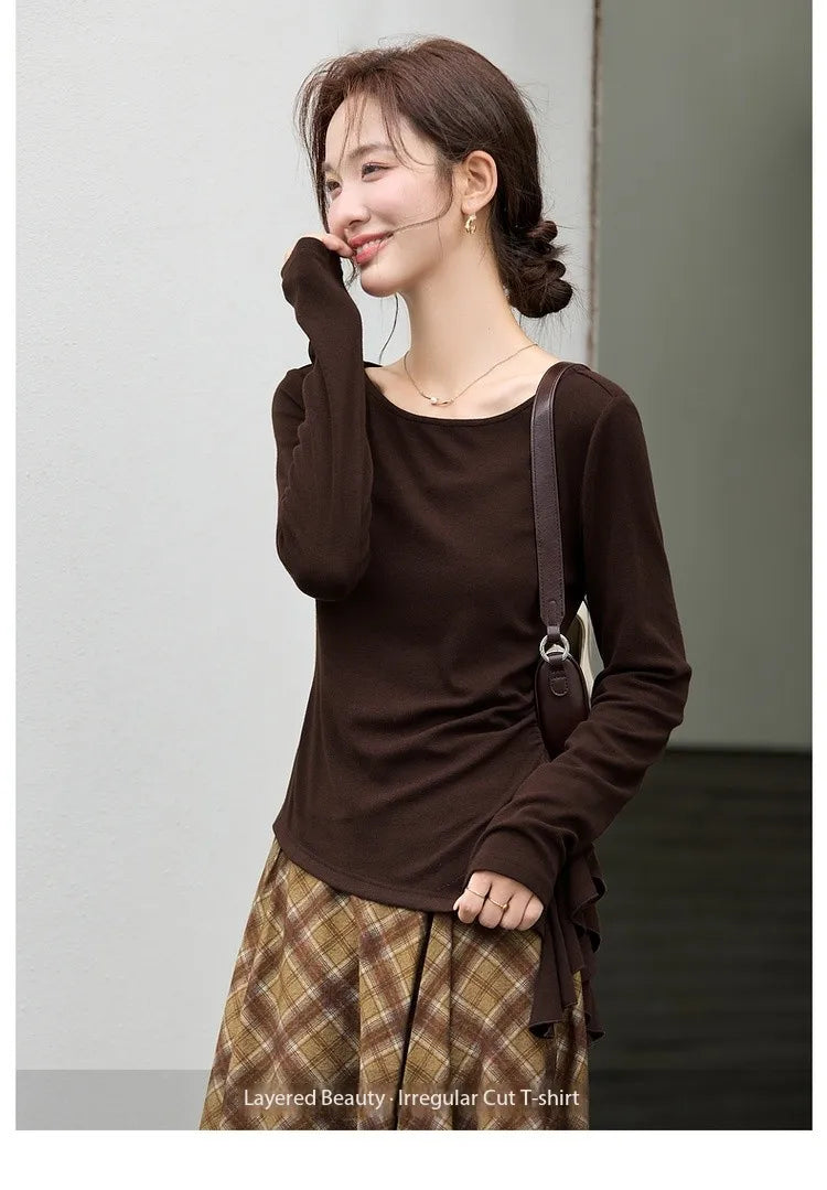 Asymmetric Ruffle-Hem Long-Sleeve Tee