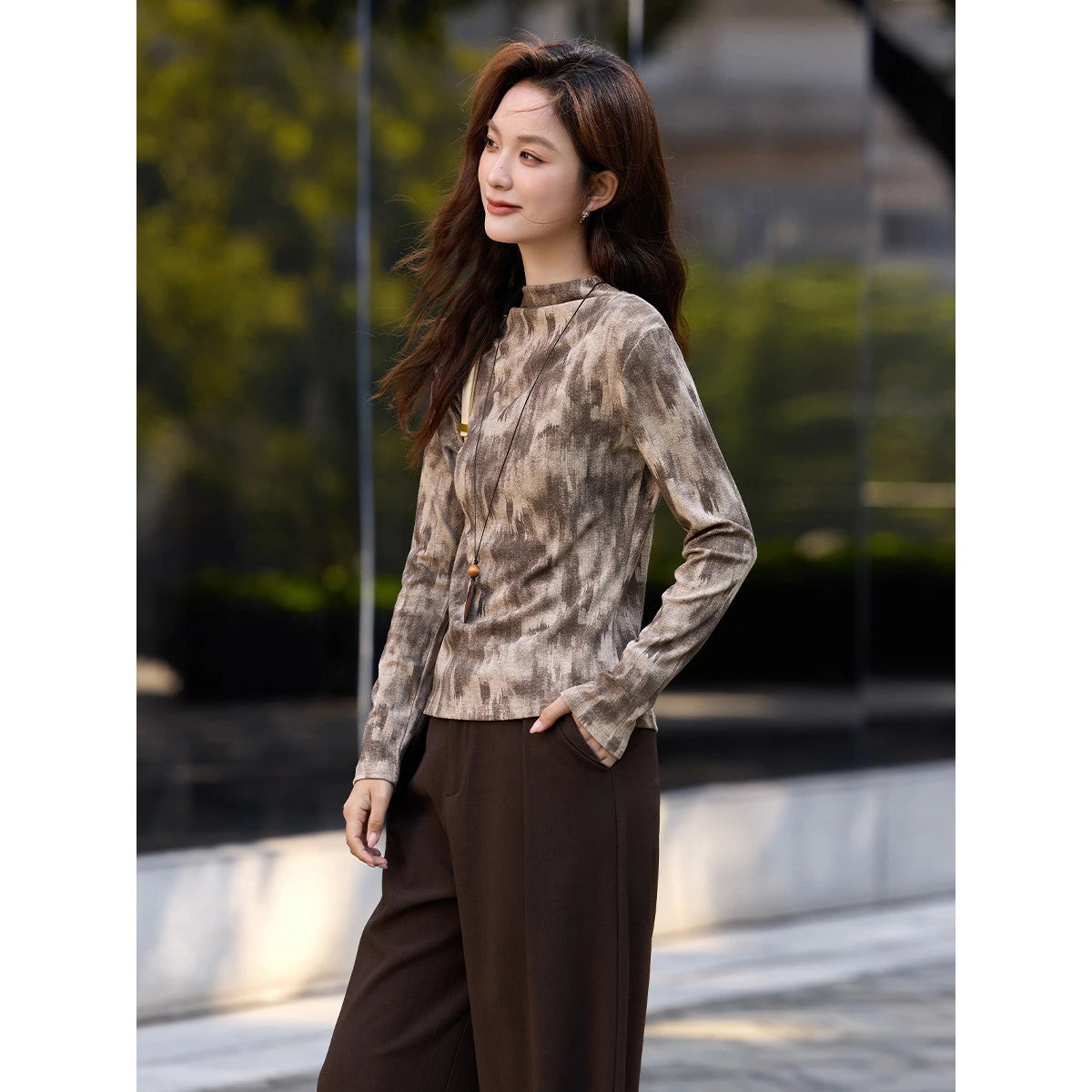 Abstract-Print Mock-Neck Top