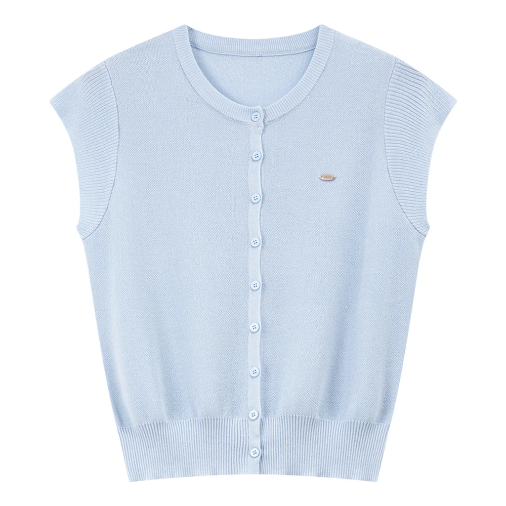 Button-Front Cap-Sleeve Knit Top