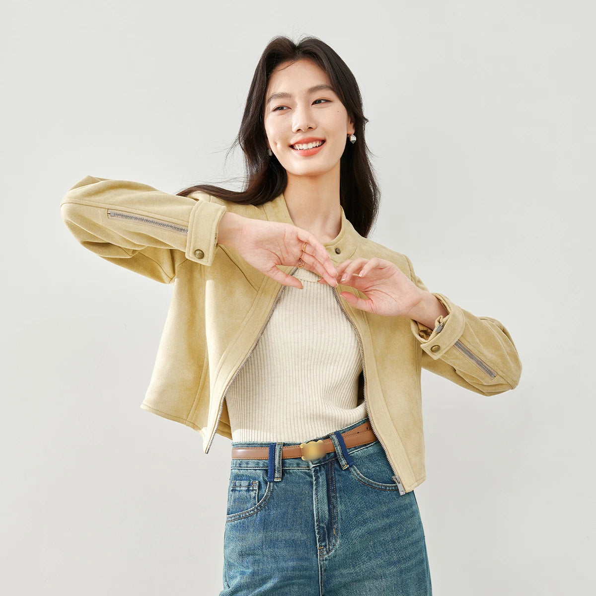 Zip-Front Collarless Cropped Jacket