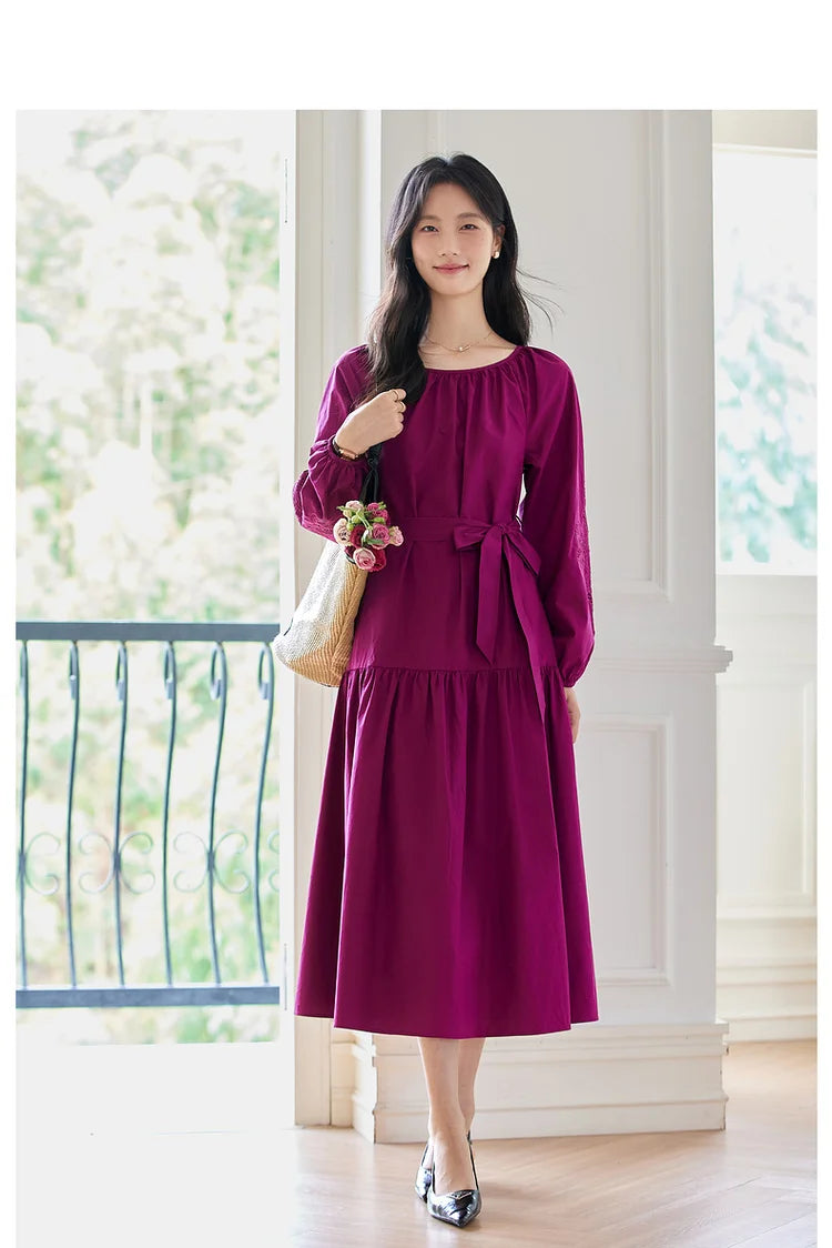 Tie-Waist Balloon-Sleeve Midi Dress