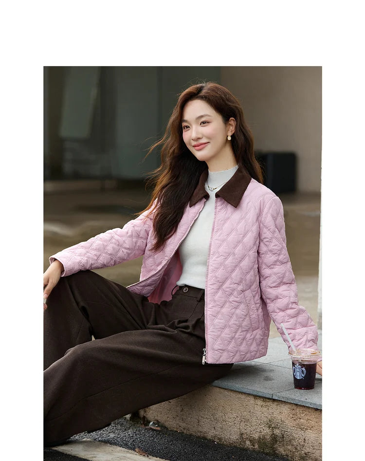 Contrast-Collar Quilted Zip Jacket