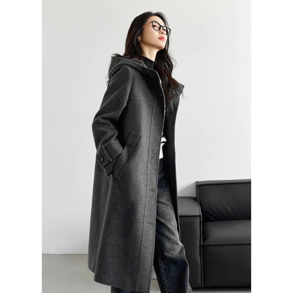 Hooded Button-Front Long Coat