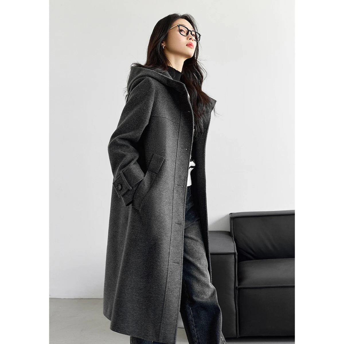 Hooded Button-Front Long Coat
