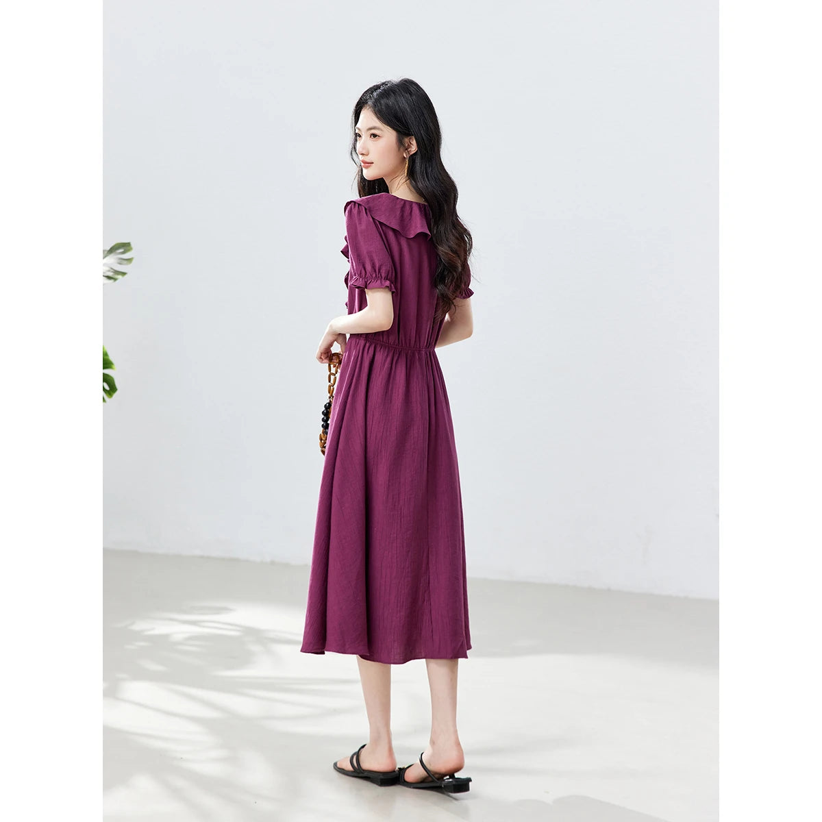 Ruffle-Front Puff-Sleeve Midi Dress