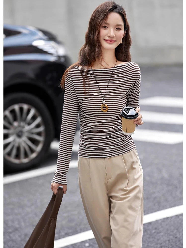 Striped Ruched-Waist Long-Sleeve Top