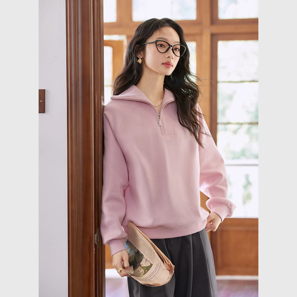 Sailor-Collar Half-Zip Sweatshirt