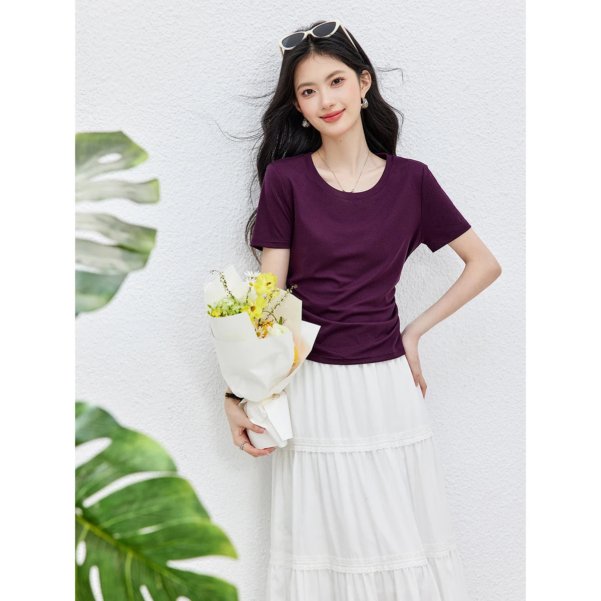 Ruched-Waist Crew-Neck Tee