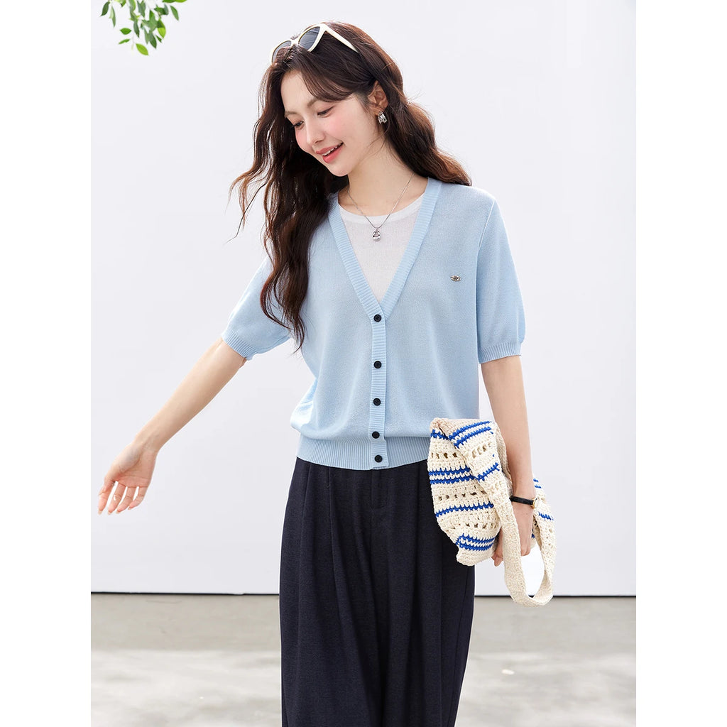 Layered V-Neck Button-Front Knit Top
