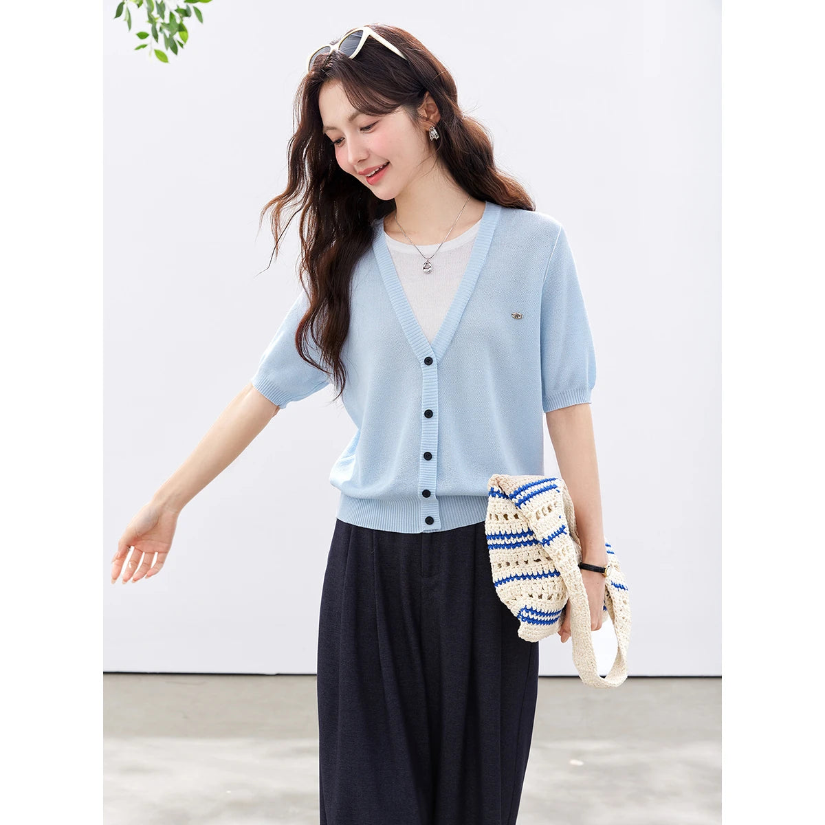 Layered V-Neck Button-Front Knit Top