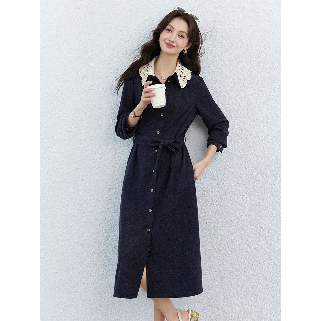 Lace-Collar Belted Midi Dress