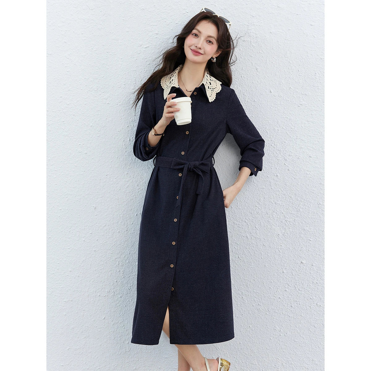 Lace-Collar Belted Midi Dress