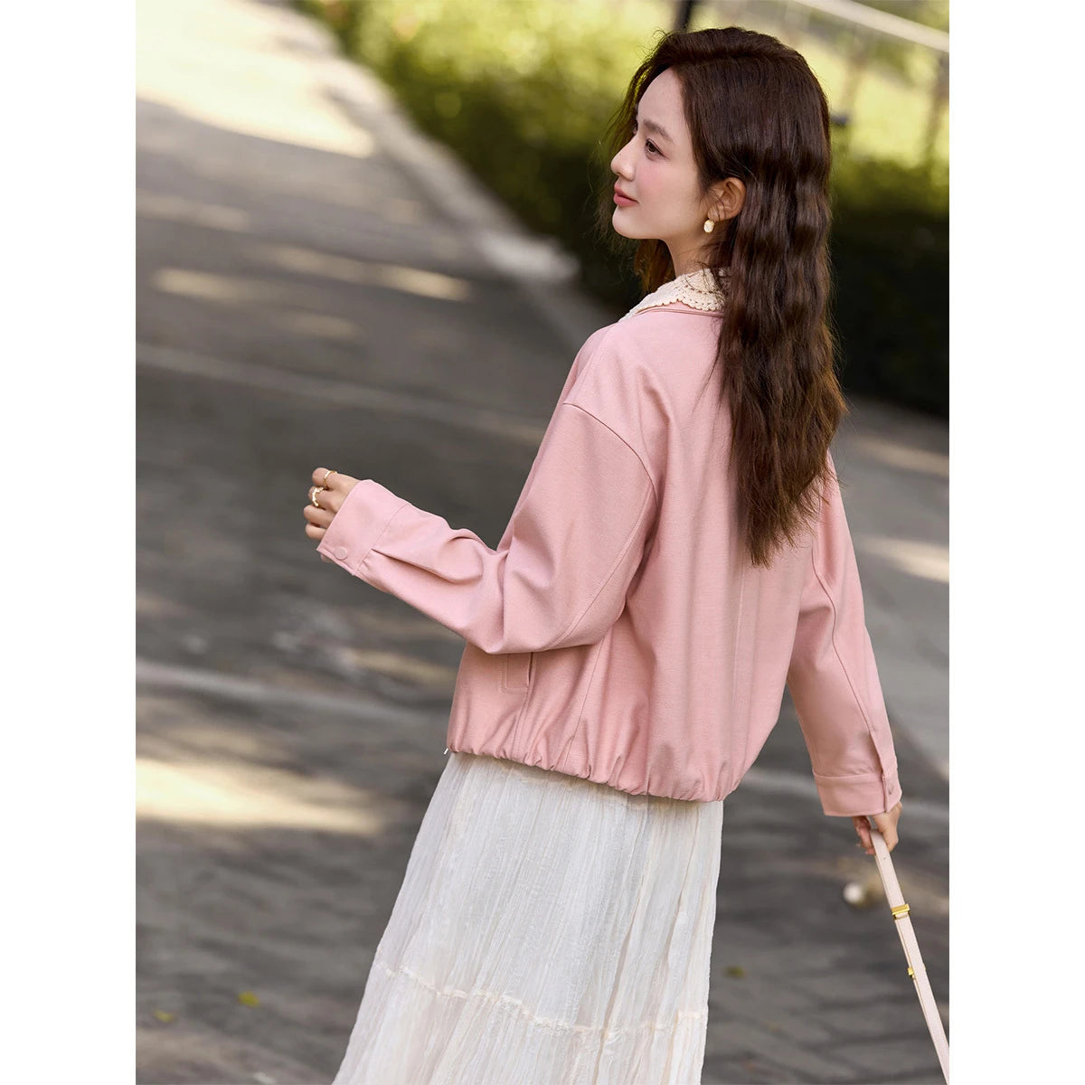 Lace-Collar Zip-Front Cropped Jacket