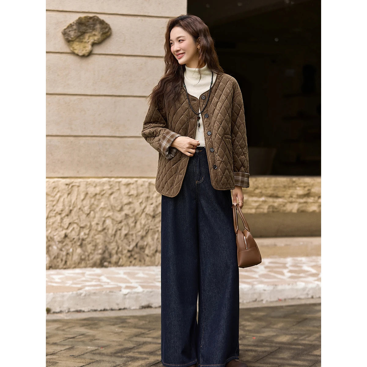 Plaid-Cuff Quilted Collarless Jacket