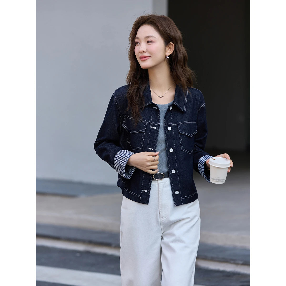 Contrast-Cuff Cropped Denim Jacket