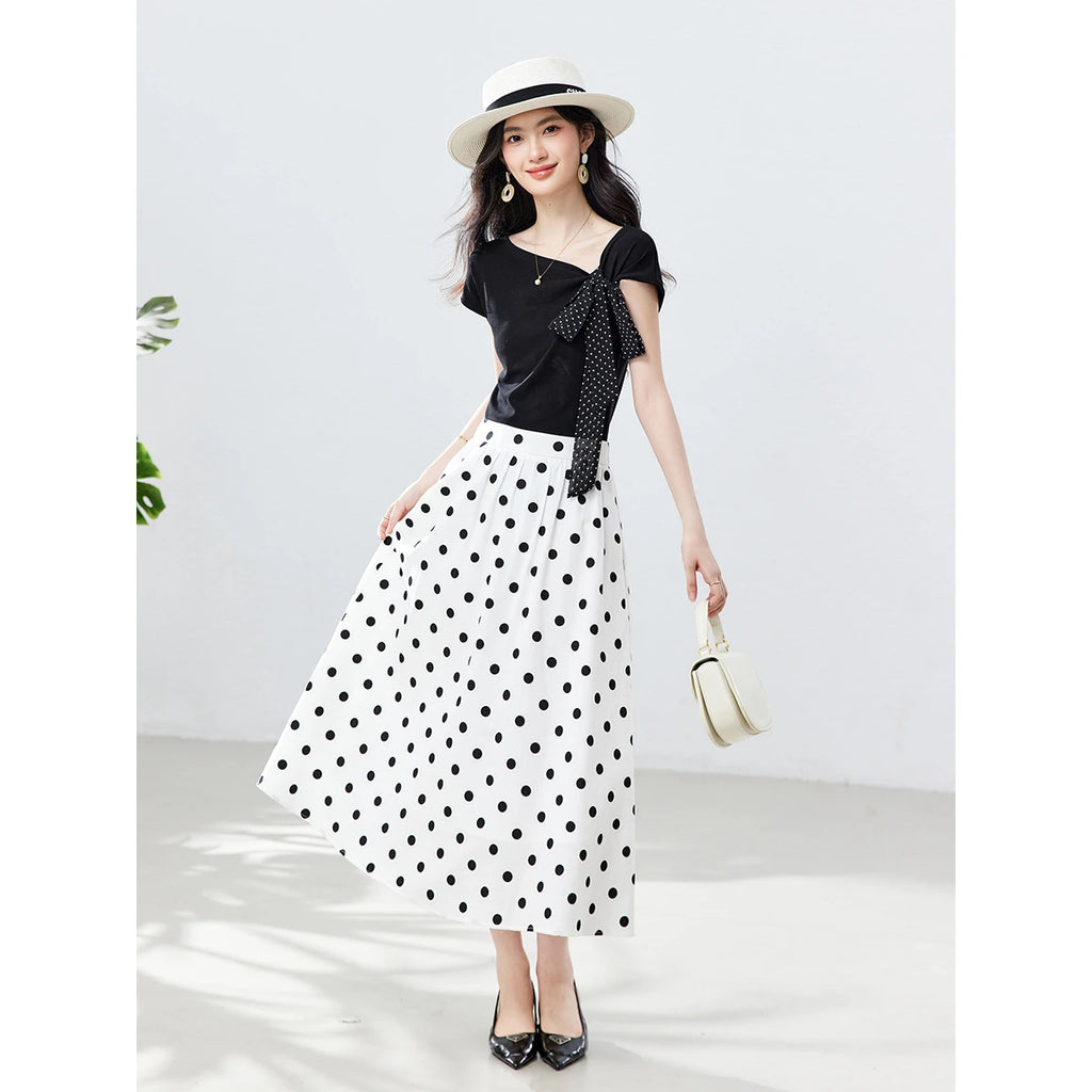 Polka-Dot Button-Front Midi Skirt